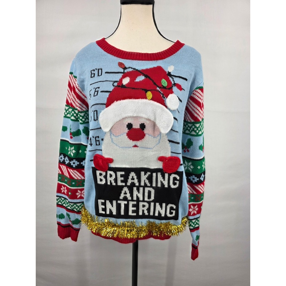 Ugly Christmas Sweater Santa Breaking and Entering Mugshot Blue Women Large